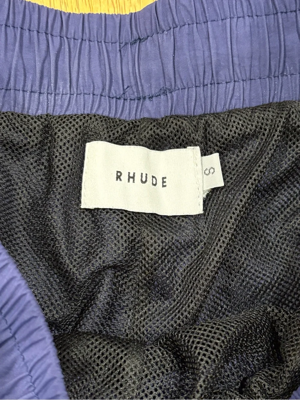 Rhude Navy Swim Shorts with White Logo and Yellow Drawstring S